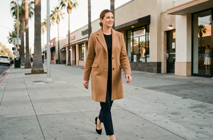 Femme élégante marchant sur un trottoir de Los Angeles en manteau camel, évoquant le style d'une célébrité hollywoodienne
