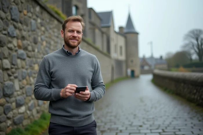 Homme consultant l'actualité web bretonne sur smartphone près des remparts historiques