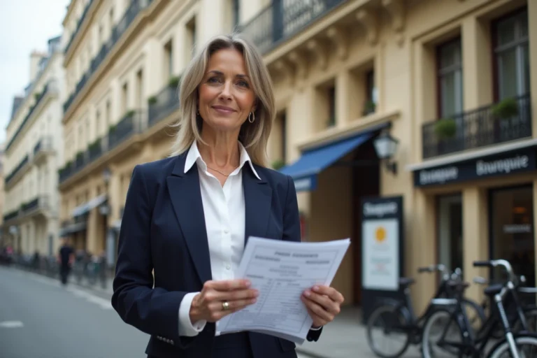 Agent immobilière devant un immeuble haussmannien parisien tenant un dossier de vente