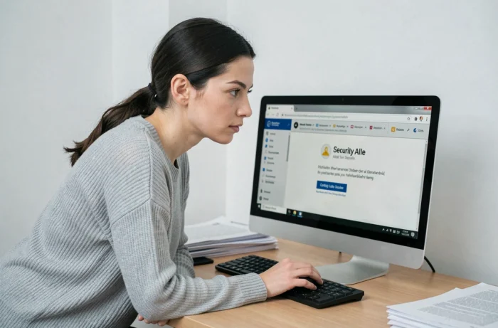Femme analysant une alerte de sécurité d'URL masquée sur un ordinateur de bureau au bureau