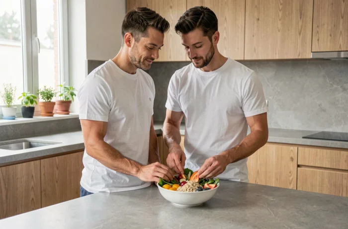 Homme préparant un repas équilibré et nutritif dans une cuisine moderne pour prendre soin de sa santé