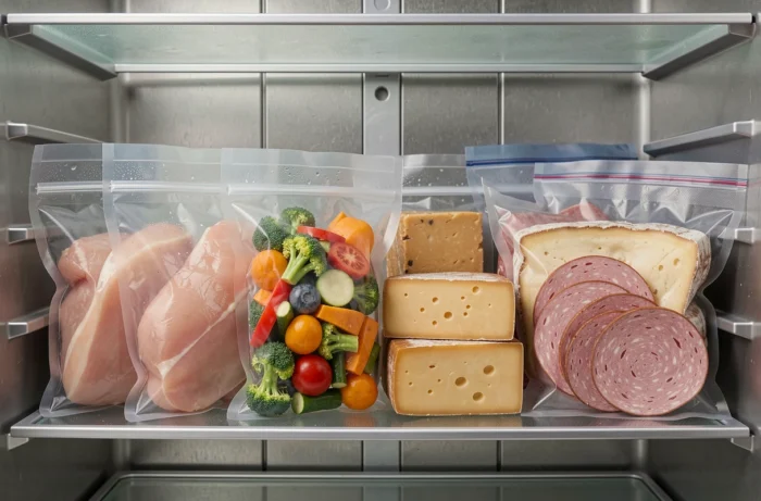 Aliments variés conservés sous vide dans un réfrigérateur moderne grâce à la Magic Vac Maxima 2