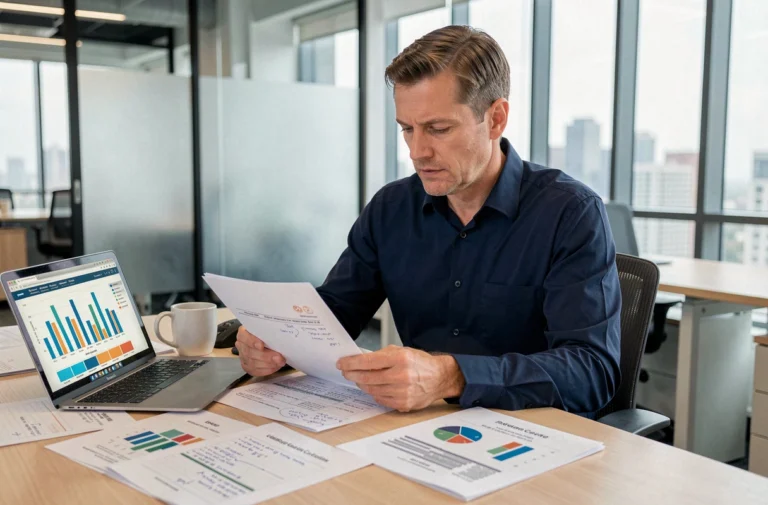 Analyste financier examinant des graphiques sur l'indice BT47 de l'INSEE dans un bureau moderne