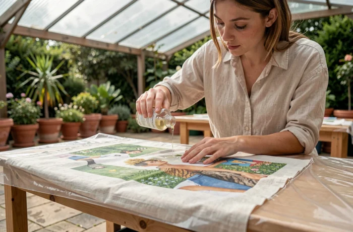 Jeune femme appliquant un fixateur liquide sur un tissu imprimé pour fixer l'encre durablement