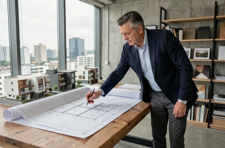 Architecte professionnel étudiant des plans architecturaux dans un studio moderne avec vue sur la ville, illustrant les services de conseil en architecture de Peps Immobilier