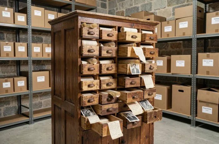 Armoire de généalogie ancienne avec des tiroirs ouverts révélant des documents manuscrits et des photographies de famille en noir et blanc dans une salle d'archives