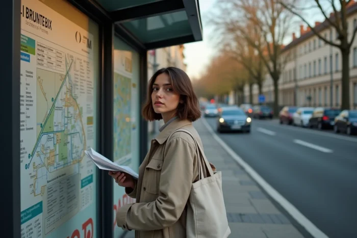Femme consultant le plan du réseau tram et bus de nuit TBM à un arrêt de Bordeaux