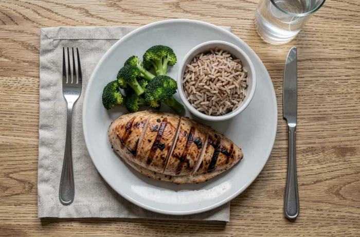 Vue aérienne d'une assiette de musculation avec poulet grillé, brocoli vapeur et riz brun sur table en bois