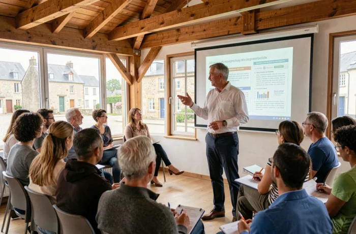 Conférencier animant un atelier sur les opportunités de carrière dans le secteur associatif breton dans une salle communautaire