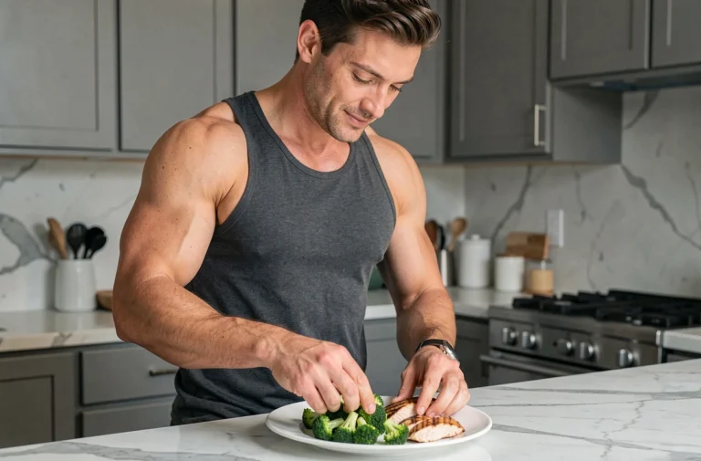 Athlète masculin préparant une assiette de brocoli vapeur et de poulet grillé dans une cuisine moderne pour la musculation