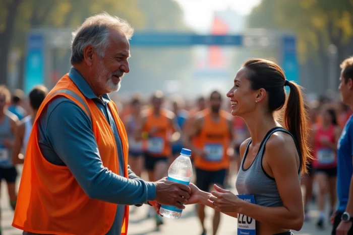 Bénévole en gilet de staff remettant une bouteille d'eau à une coureuse épuisée lors d'un marathon solidaire