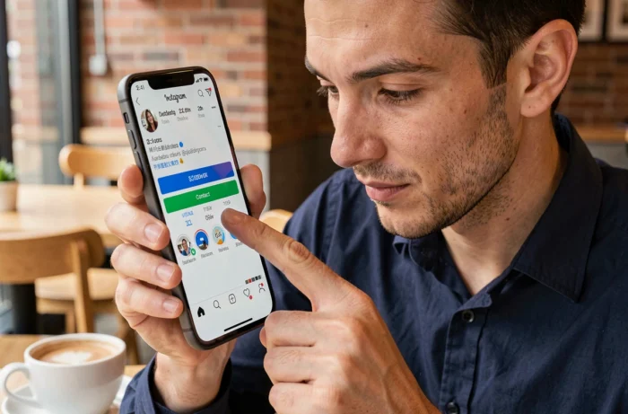 Homme appuyant sur le bouton contact d'un compte professionnel Instagram sur mobile