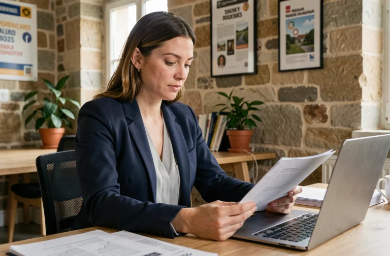 Femme professionnelle travaillant dans une association en Bretagne, assise à un bureau en bois avec des documents et un ordinateur portable