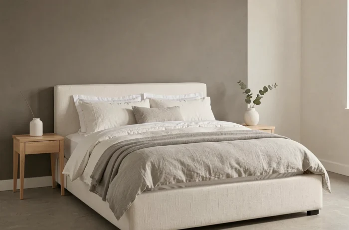 Chambre minimaliste avec literie blanche et grise et mur gris, décoration épurée en association blanc gris