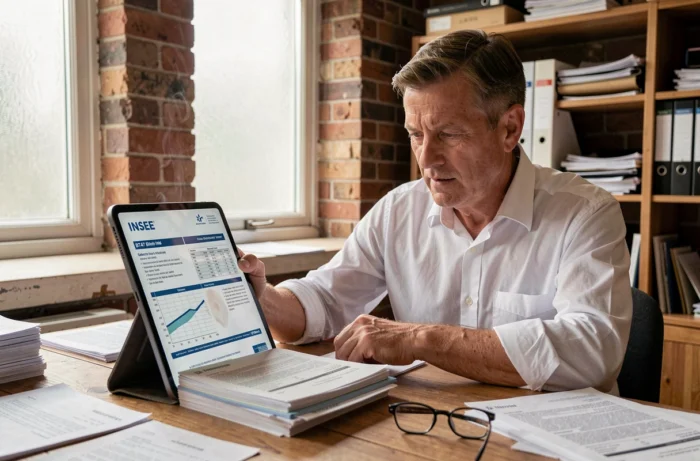 Chef d'entreprise consultant un document INSEE sur l'indice BT47 pour optimiser ses coûts en électricité