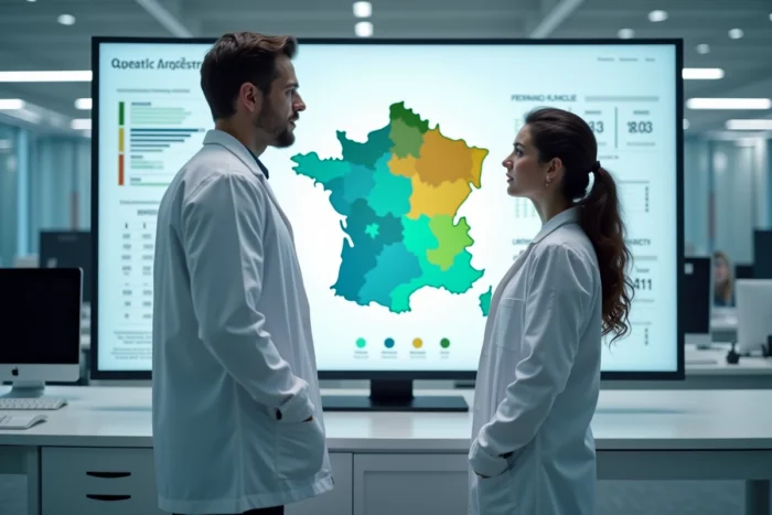 Chercheurs en génétique analysant une carte de consanguinité régionale en France dans un laboratoire universitaire