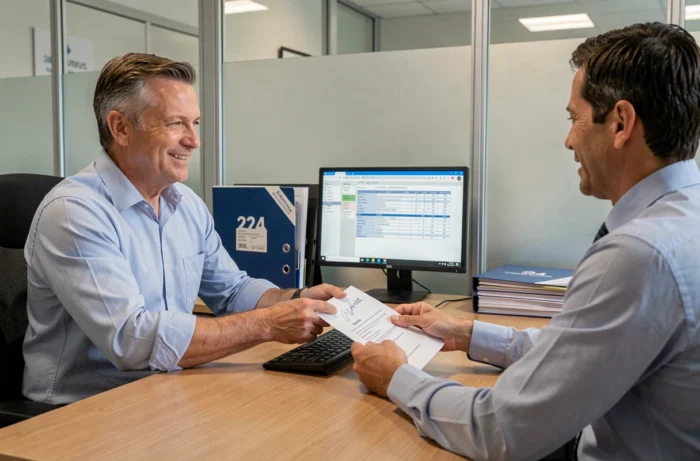 Client signant des documents de changement d'assurance moto avec un conseiller dans une agence d'assurance professionnelle