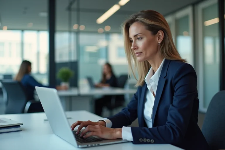 Collaboratrice BNP Paribas se connectant à un portail sécurisé Alis sur son ordinateur portable en open-space
