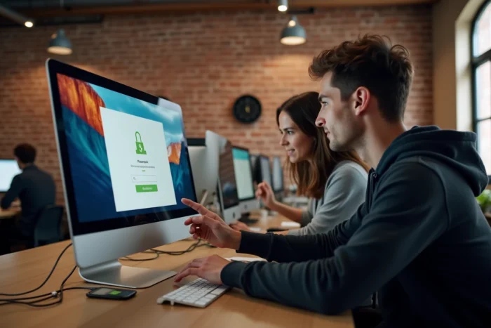 Deux collègues dans un espace coworking cherchant ensemble à résoudre un problème de connexion à un portail client en ligne