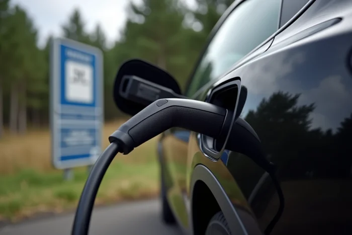 Gros plan sur le connecteur Supercharger Tesla branché sur une Model Y noire