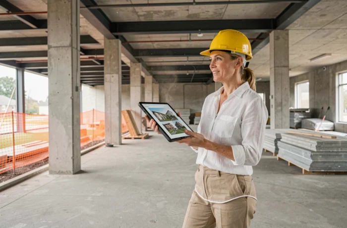 Consultante en architecture de Peps Immobilier sur un chantier de construction, tenant une tablette avec des rendus 3D pour améliorer un projet immobilier