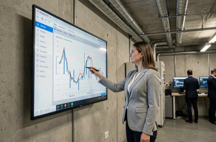 Consultante en énergie présentant l'indice BT47 sur un écran numérique dans une salle de contrôle industrielle