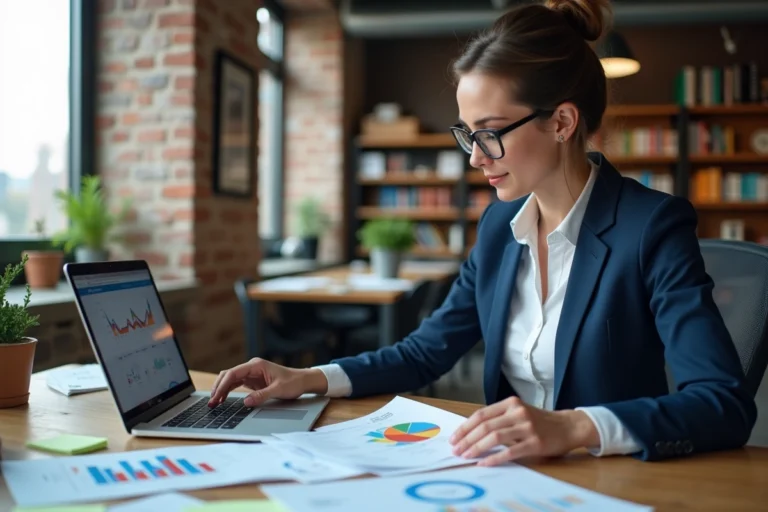 Consultante SEO analysant un rapport d'audit de site web avec des graphiques et des données analytiques sur un bureau moderne
