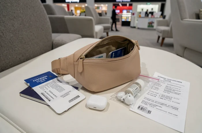 Sac banane beige ouvert avec accessoires de voyage posés sur un siège de salon d'aéroport