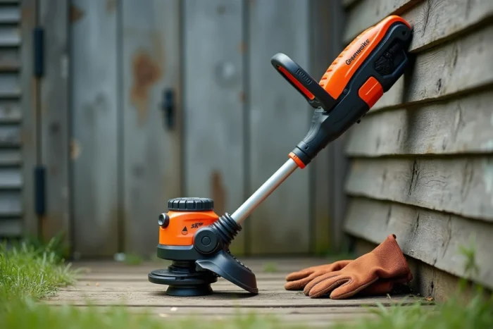 Coupe-bordure électrique Greenworks 23017 1200W posé contre un cabanon de jardin en bois