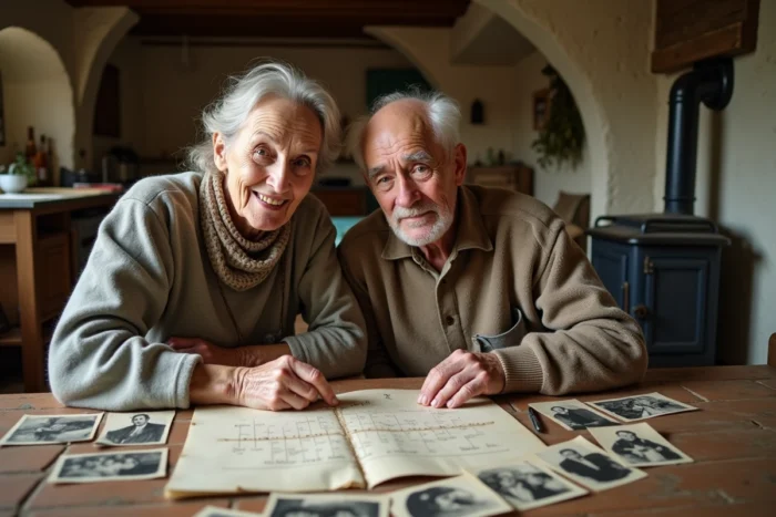 Couple âgé dans une ferme bretonne consultant un arbre généalogique manuscrit illustrant les liens familiaux et la consanguinité rurale en France