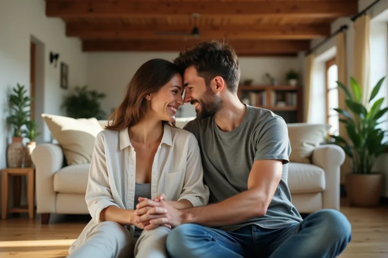 Couple épanoui partageant un moment de complicité et de tendresse dans un salon chaleureux, illustrant l'harmonie relationnelle et la santé sexuelle du couple