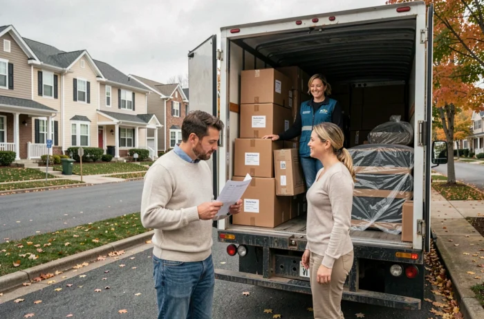 Couple discutant avec une représentante de déménagement professionnelle devant un camion de déménagement dans une rue résidentielle