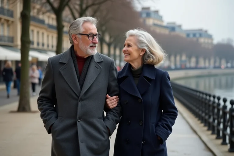 Couple discret se promenant au bord de la Seine à Paris, illustrant une relation amoureuse élégante et réservée