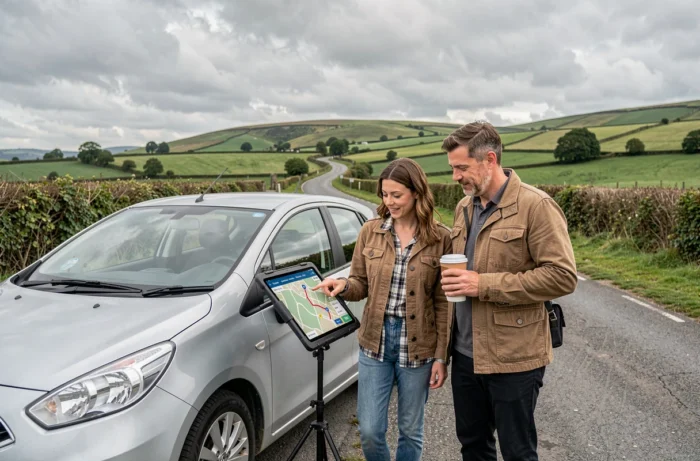 Couple consultant un itinéraire exporté sur tablette lors d'un arrêt en route à la campagne