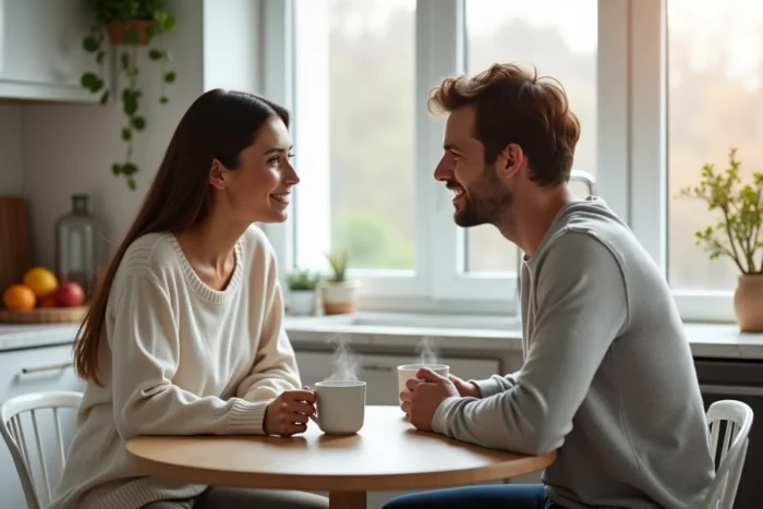 Couple partageant un petit-déjeuner complice dans une cuisine moderne, évoquant la communication, la bienveillance mutuelle et l'épanouissement intime dans la vie de couple