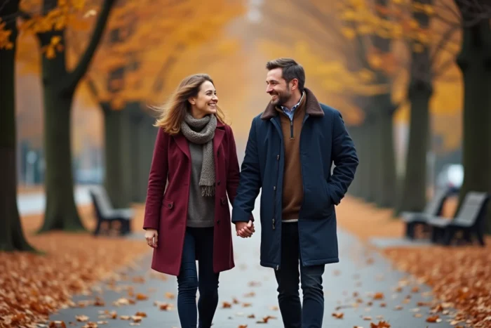 Couple adulte marchant main dans la main dans un parc en automne, symbolisant l'épanouissement à deux et l'équilibre émotionnel dans la relation de couple