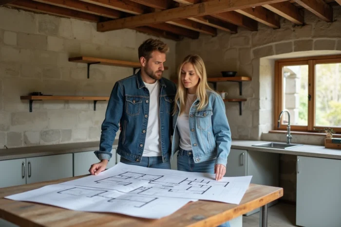 Couple consultant des plans architecturaux dans une maison de ville française en rénovation