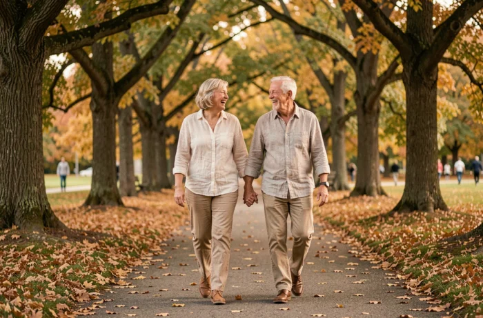 Couple de retraités souriants se promenant main dans la main dans un parc en automne, profitant de leur retraite sereinement