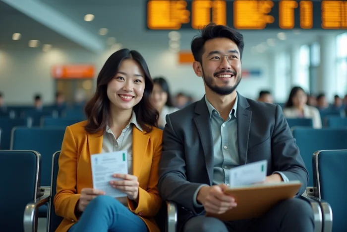 Couple attendant leur tour dans une salle d'attente pour un rendez-vous visa France