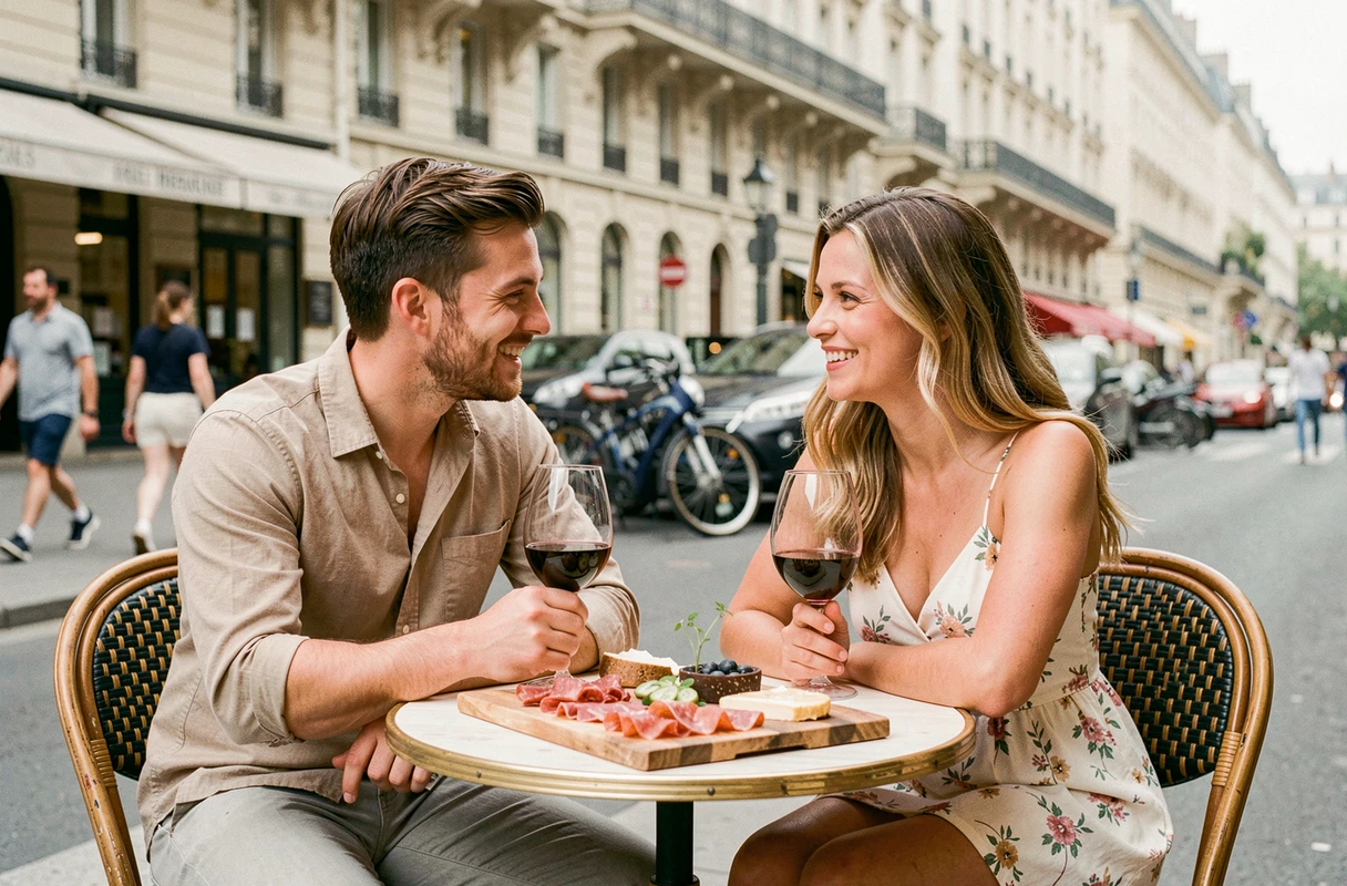 Un couple profite d'une pause en terrasse de bistrot parisien autour d'un plateau de charcuterie et de vin