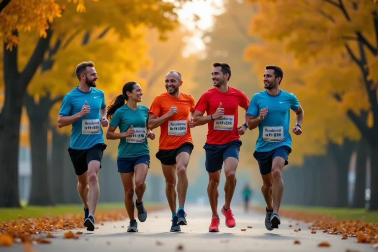 Groupe de coureurs adultes portant des dossards caritatifs lors d'une course solidaire en parc urbain à l'automne