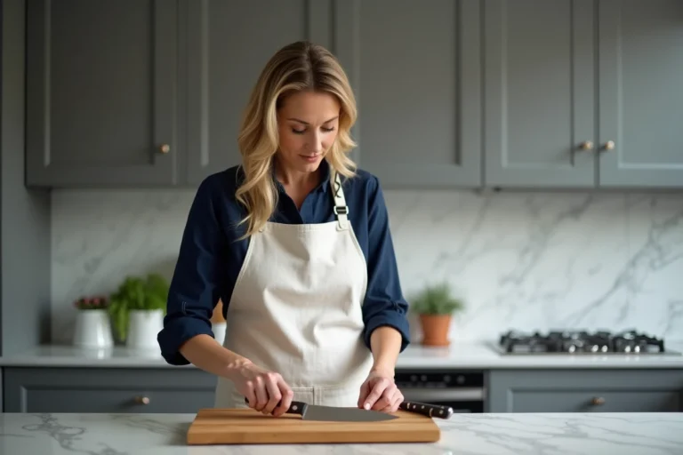 Femme arrangeant des couteaux de cuisine professionnels sur une planche en bois dans une cuisine moderne