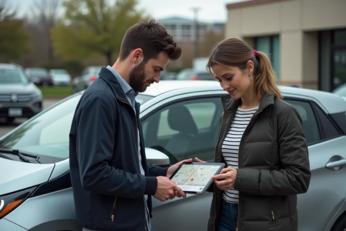 Deux covoitureurs comparant la simulation du coût d'un trajet partagé sur une tablette près d'une voiture