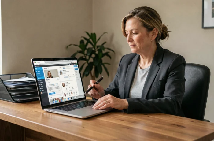 Femme croisant les profils LinkedIn et Instagram pour retrouver une adresse email