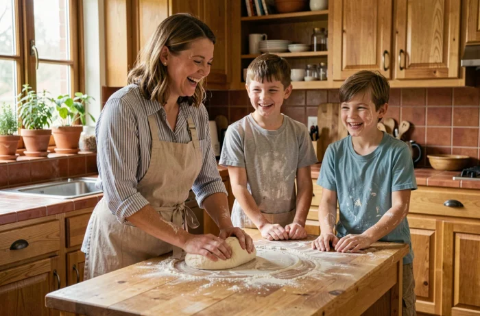 Mère et adolescents préparant une recette ensemble dans une cuisine familiale chaleureuse et rustique
