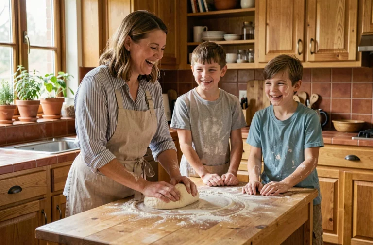Mère et adolescents préparant une recette ensemble dans une cuisine familiale chaleureuse et rustique