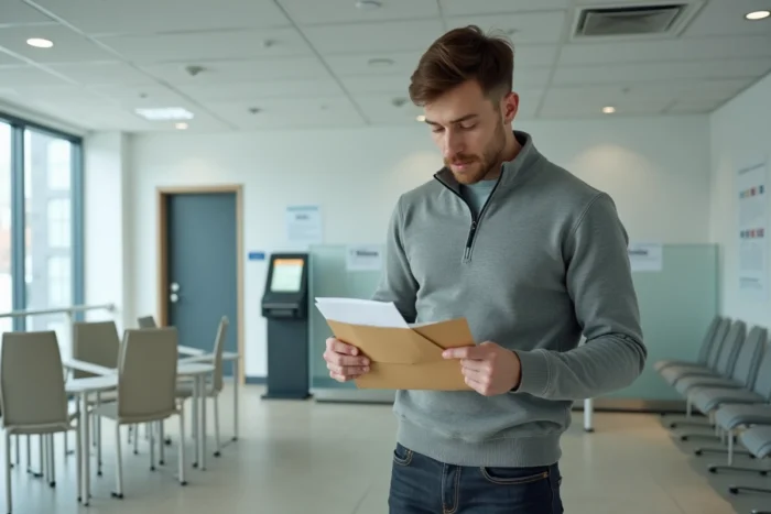Homme lisant une décision officielle d'attribution de logement social dans une salle d'attente d'un office HLM municipal