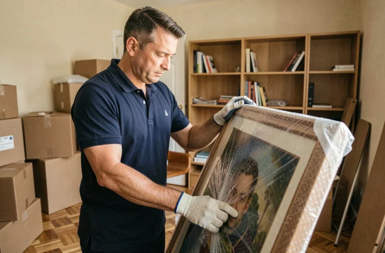 Déménageur professionnel emballant soigneusement un tableau avec du papier bulle dans un appartement en cours de déménagement