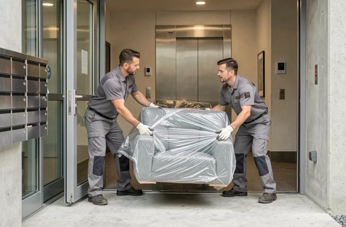 Deux déménageurs professionnels transportant un canapé emballé à travers l'entrée d'un immeuble d'appartements moderne