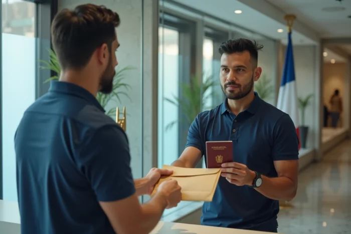 Homme déposant ses documents de visa à un guichet de consulat français